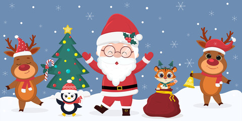 Happy new year greeting card. Cartoon santa claus, tiger cub in a bag with gifts, two deer, penguin, Christmas tree, boxes with gifts. Party in the forest in winter snowflakes