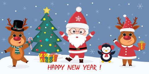 Happy New Year greeting card. Cartoon santa, two deer, penguin, christmas tree, boxes with gifts. Party in the forest in winter snowflakes