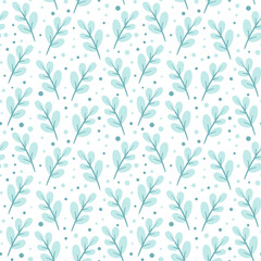 seamless pattern with branches with green leaves and dots. cute vector cartoon background. nature print