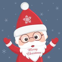 Merry Christmas and Happy New Year. Cheerful Santa Claus in glasses, the inscription on the beard, raised his hands up. Isolated on a blue background and snowflakes.