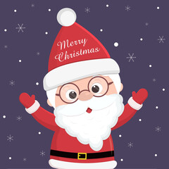 Merry Christmas and Happy New Year. Cheerful Santa Claus in glasses, the inscription on the cap, holds his hands up. Isolated on a background of the night sky and snowflakes.