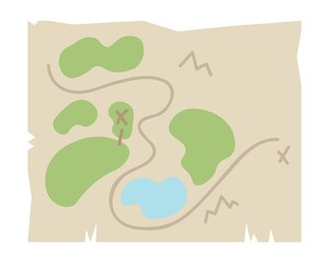 Old map with treasure. Antiques, vintage finds. Paleontology and archeology, history, Middle Ages. Antique landscape landscape, people notes, adventure and science. Cartoon flat vector illustration