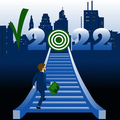 Achieving goals and career growth in 2022. Vector illustration of a man running up a ladder that leads to a career goal in 2022. Striving upward for new opportunities and achievements in business