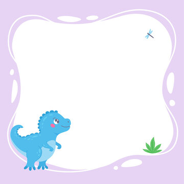 Cute little dinosaur with a blot frame in hand-drawn cartoon style. Vector illustration of funny colorful character. Template for text or photo. Can be used for postcards, invitations, kindergarten