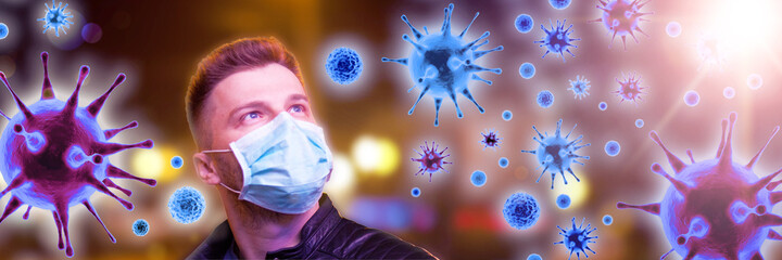 Young man in sterile face mask against corona virus.