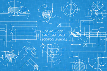 Mechanical engineering drawings on blue background. Tap tools, borer, cutting tools, milling cutter. Technical Design. Cover. Blueprint. Vector illustration.