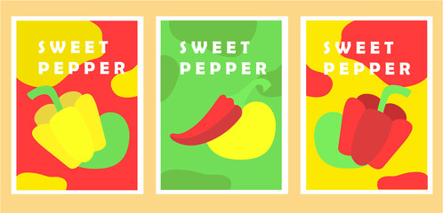 Set of vegetable posters. Collection of bright elements for websites, cards with goods for grocery store. Sweet peppers, vivid pictures. Cartoon flat vector illustrations isolated on beige background