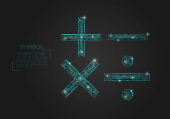 Abstract isolated blue image of a math signs. Polygonal illustration looks like stars in the blask night sky in spase or flying glass shards. Digital design for website, web, internet. © Katsiaryna