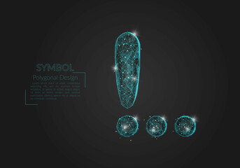 Abstract isolated blue image of a exclamation mark. Polygonal illustration looks like stars in the blask night sky in spase or flying glass shards. Digital design for website, web, internet. © Katsiaryna
