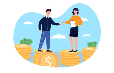 Salary negotiation concept. Man and girl stand on stacks of coins, shaking hands. Metaphor of deal between two entrepreneurs. Investor allocates money to businessman. Cartoon flat vector illustration