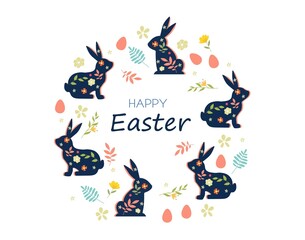 Obraz premium Happy Easter circle. Unusual greeting posters and banners. Silhouettes of rabbits on background of multicolored eggs. International holidays, folk style pattern. Cartoon flat vector illustration