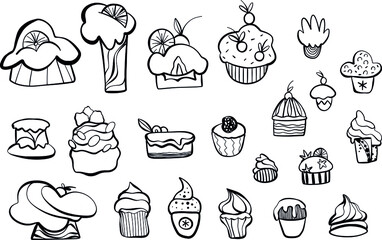 cake set vector line, birthday, wedding, strawberry and chocolate cakes collection, isolated on white background.