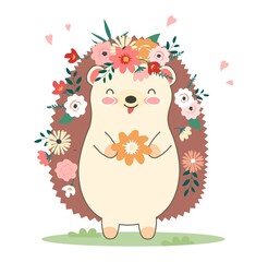 Hedgehog with flower in hands. Beautiful characters for children, stickers and badges. Graphic elements for printing on clothes. Nature, fauna, mammal, animal. Cartoon flat vector illustration
