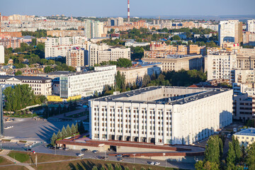 View of the city of Samara from the Volga, the monument of glory, the square of glory, the house of the government. Aerial photo.. Samara, Russia.