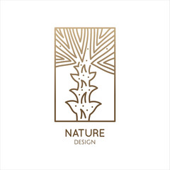 Vector logo of palm in rectangle . Tropical leafs linear emblem for design of business, holiday, travel agency, ecology and resort concept, tourism, spa and natural cosmetics. Minimal illustration