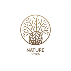 Vector logo of palm in circle. Tropical leafs linear emblem for design of business, holiday, travel agency, ecology and resort concept, tourism, spa and natural cosmetics. Minimal illustration