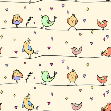 Seamless pattern with funny colorful birds sitting on wires. Color flat vector illustration with little cartoon bird. Cute characters. Template design for invitation, flyer, textile, fabric for kids