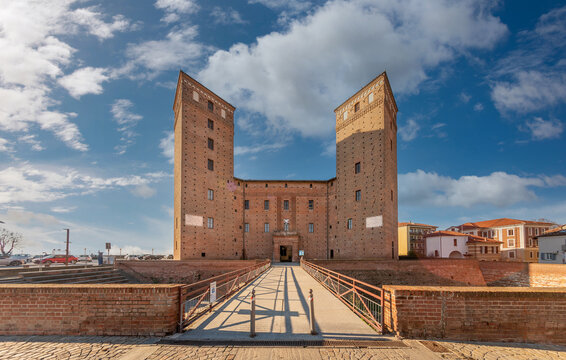 Fossano, Cuneo, Italy - December 2, 2021: The castle of the Princes of Acaja (XIV century) in piazza Castello, seat of the civic library