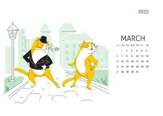 Yellow Cat - сalendar for March 2022 with сartoon сharacter cat.