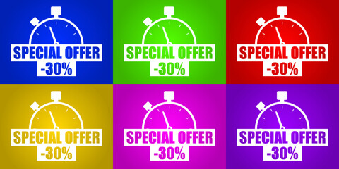 Special offer -30% discount vector illustration on blue background set 6