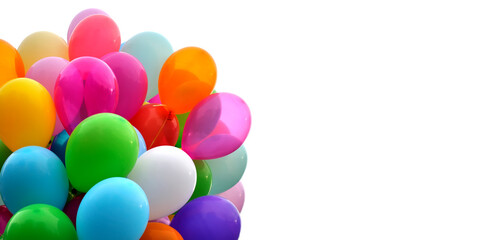 Fototapeta na wymiar bunch of multicolored balloons, isolated on white background, banner format