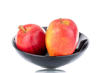 Two juicy red apples on a ceramic plate, close-up, isolated on white.