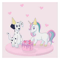 Dalmatian puppy and unicorn with birthday cake