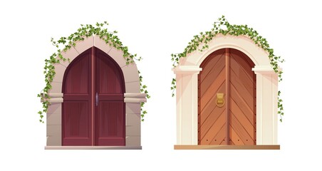 Antique medieval wooden door with handle, arch and ivy plant. Entrance, gate in a castle, church or house.