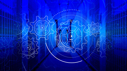 3D render digital control and computing system in data center, HUD hologram on top of data center supercomputers