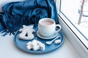 blue fringed scarf, plate of gingerbread and a cup of cocoa on the windowsill