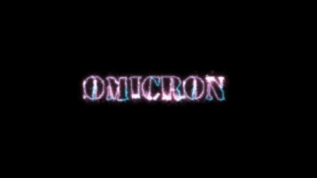 Omicron, neon text on a black background. Horror text
