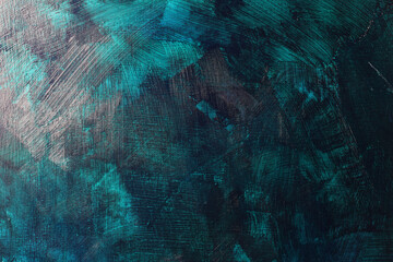 Fondo materico spatolato e graffito, dipinto di colore verde-blu e viola; luce radente, spazio per testo