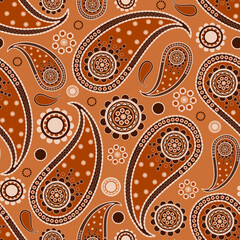 Seamless paisley ornament in brown shades. Indian pattern with cucumbers.