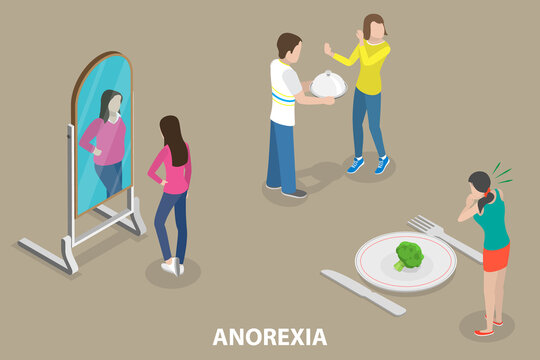 3D Isometric Flat Vector Conceptual Illustration of Anorexia Nervosa, Mental Eating Disorder, Eating Refusal