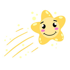 Cute star. Element of night and nature. Falling Cartoon illustration. Children drawing. Space star with fun face. Yellow comet