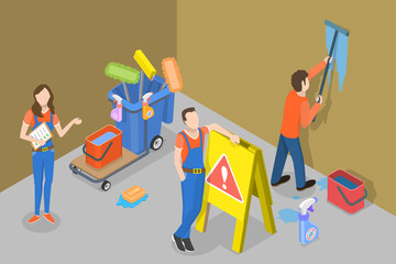 3D Isometric Flat Vector Conceptual Illustration of Cleaning Service, Staff with Cleaning Equipment