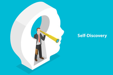 3D Isometric Flat Vector Conceptual Illustration of Self-discovery , Positive Psychology and Self Awareness