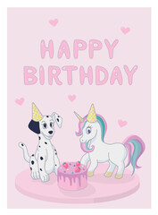Birthday postcard with Unicorn, Dalmatian Puppy and cake