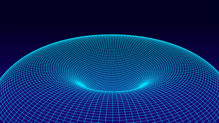 Wireframe tunnel 3d. Black hole. Tunnel or wormhole. Vector illustration. Abstract 3d green wireframe landscape.