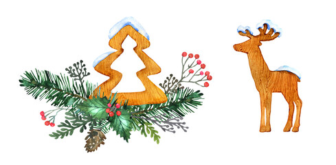 Watercolor Christmas tree and wooden ornaments set. Evergreen winter wreath. Folliage, spruce branches, red holly berries, leaves . Hand painted illustration isolated on white background. 