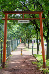 Brasília, DF, Brazil, December 12, 2021: Pure Land Buddhist Temple. It is written: "Serenity". Temple with Japanese religious architecture Hisashi style. 