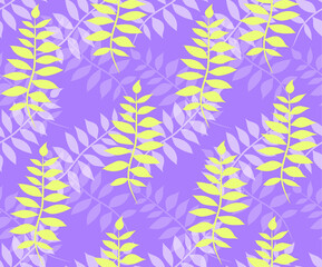 Floral seamless pattern, yellow and white twigs with leaves on a violet background. Vector. Fashionable design for textiles, fabric, wallpaper, paper.