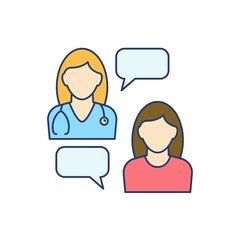 Female doctor discussion with woman flat line icon