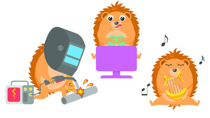Set Abstract Collection Flat Cartoon 
Different Animal Hedgehogs Welder Welds The Pipe, Plays On A Gamepad, Plays The Lyre Vector Design Style Elements Fauna Wildlife
