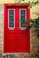 red entrance door with tree branches on a Mediterranean stone house