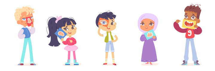 Five senses set, kids with 5 cards with organs of sight hearing smell taste and touch