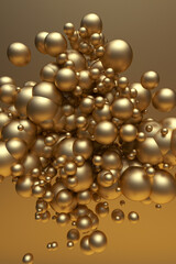 3D golden liquid bubbles floating in air. Concept for holiday template. vertical festive gold postervert