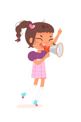 Kid speaker holding megaphone in hand, girl standing with loudspeaker to announce news
