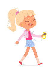 Girl listening to music during walk, cute child in headphones walking, holding player