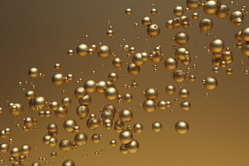 3D glowing golden liquid bubbles balls floating in air. Wallpaper background for holiday template. Graphic design, festive gold poster